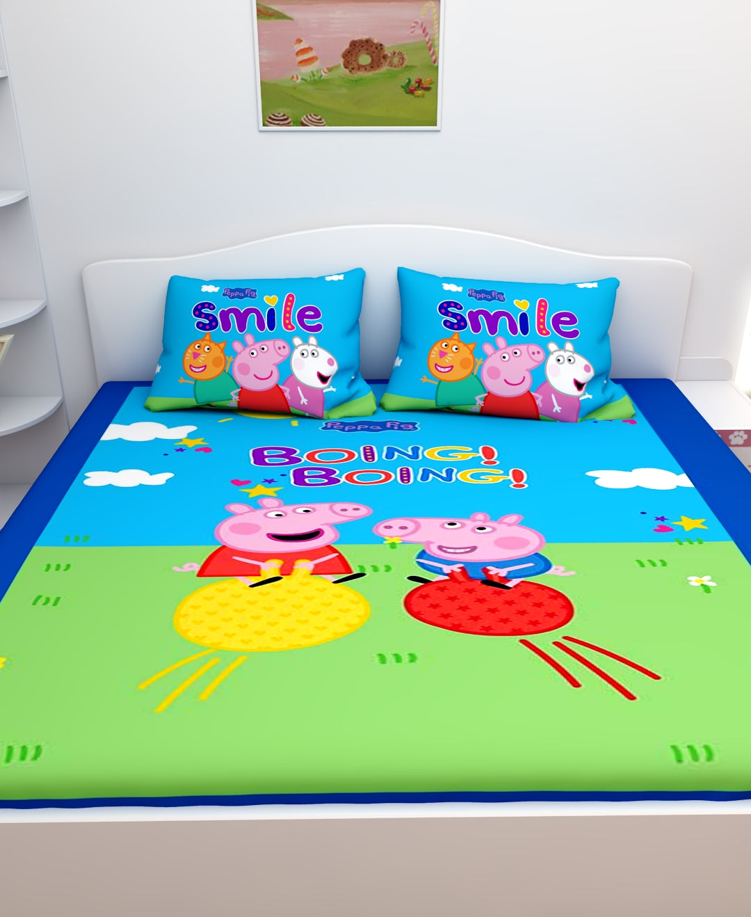 Adorable Boing Boing Peppa Pig kids Cotton Double Bedsheet Set in premium cotton fabric, showcasing cheerful prints that enhance any child’s room décor, complete with two stylish matching pillow covers.