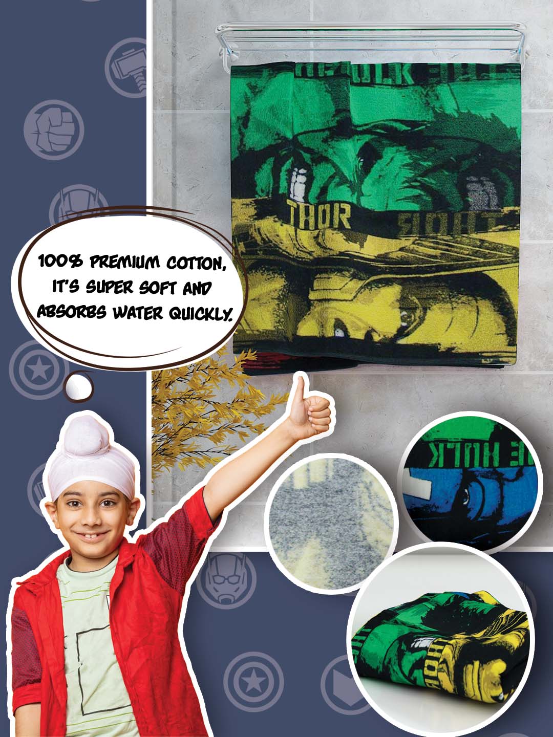 Athom Living Avengers Kids Cotton Bath Towel featuring Captain America, Hulk & Thor – 350 GSM, 60x120 cm, lightweight, absorbent & durable design.