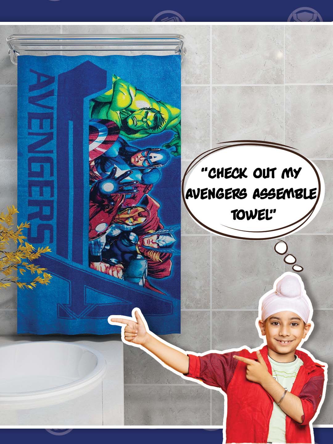 Athom Living Avengers blue cotton kids bath towel – 350 GSM quick-dry, durable, lightweight towel for everyday bathing comfort.