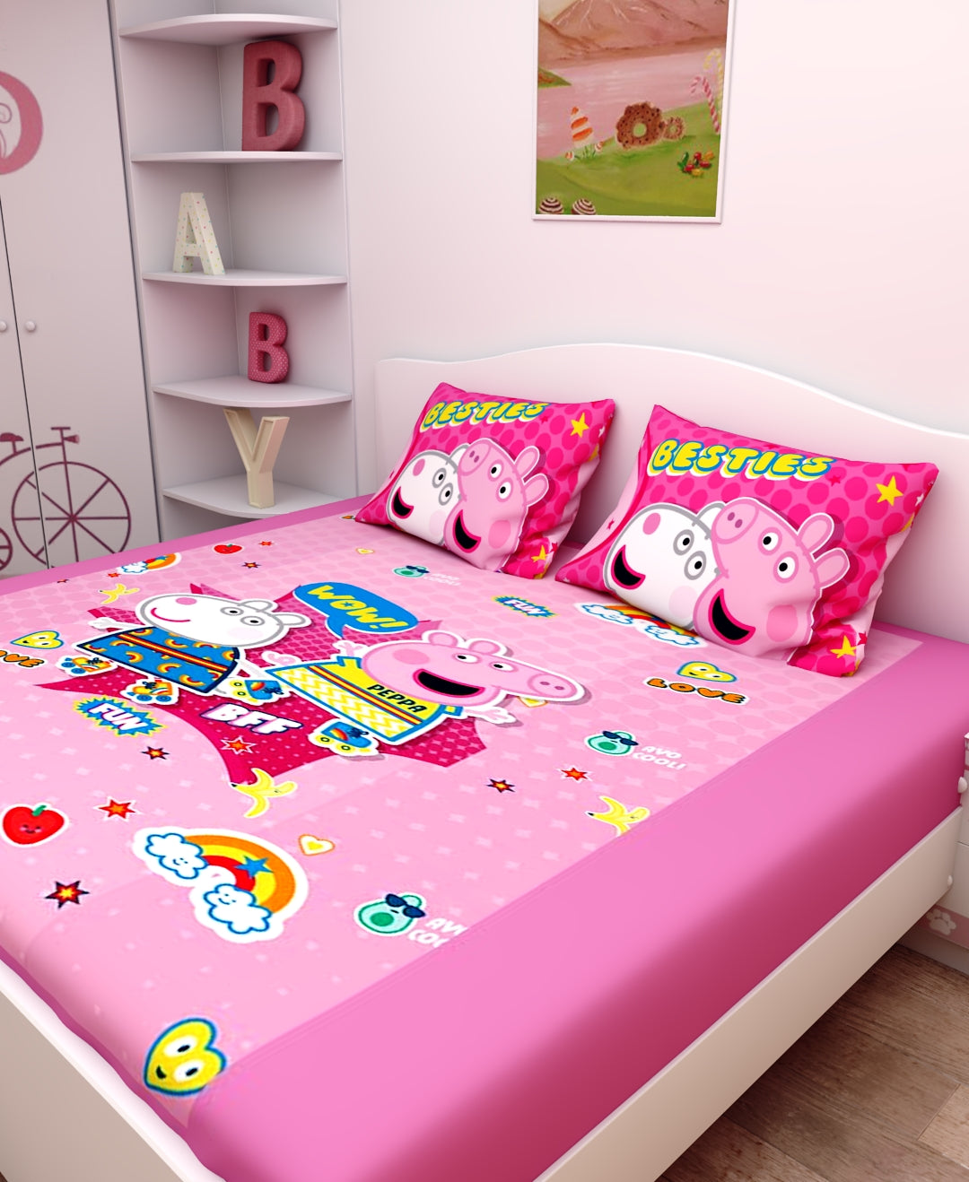 Athom Living Besties Peppa Pig cotton kids double bedsheet with 2 pillow cover designed with adorable prints, premium softness, and durable stitching to enhance your child’s room décor.