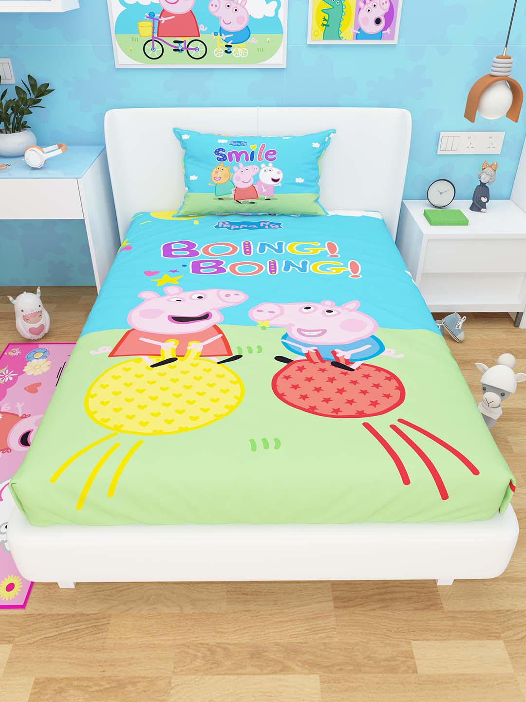 Athom Living Boing Boing Peppa Pig kids cotton single bedsheet with pillow cover, designed for comfort, durability and bright décor, perfect for kids’ rooms with premium soft cotton for daily use.