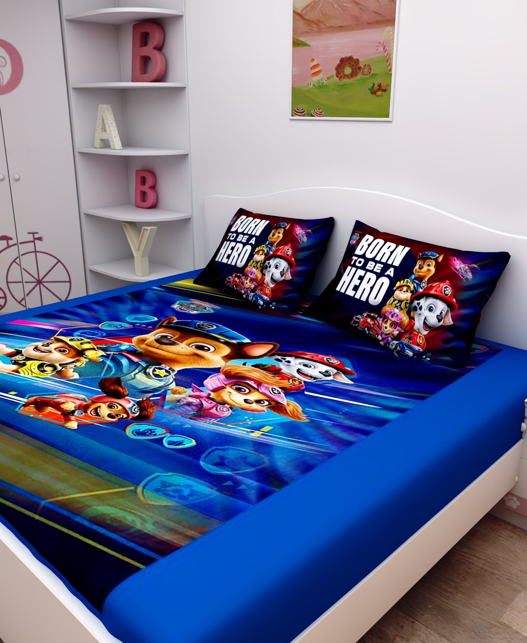 Athom Living Born To Be A Hero Paw Patrol kids Cotton Double Bedsheet Set showcasing high-quality cotton, smooth texture, and playful character prints, complete with two pillow covers for a fun bedroom makeover.