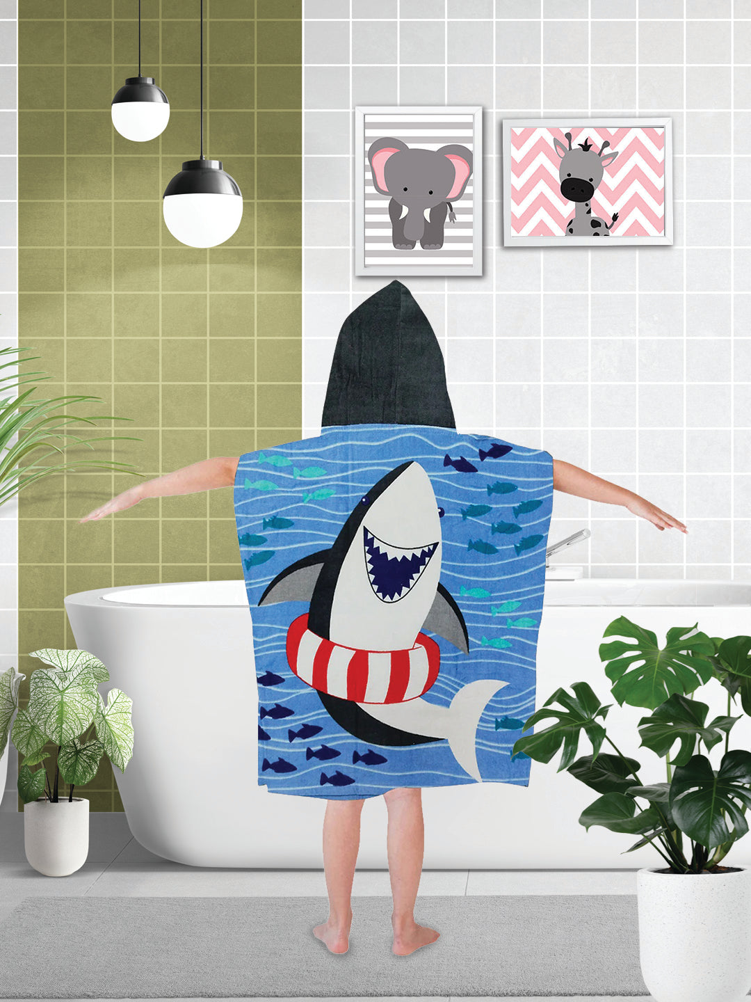 Athom Living Cool Baby Shark Kids Hooded Poncho Towels with a bright blue shark design, offering comfort, quick drying, and a fun look for children after bath time or swimming activities.