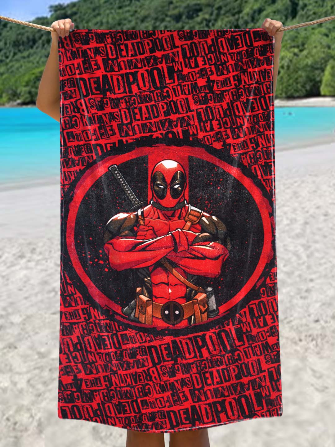 Athom Living Deadpool Themed Kids Cotton Bath Towel 60x120 cm, soft and absorbent, perfect for kids’ bath time or pool use, featuring fun Deadpool graphics and cozy cotton fabric.