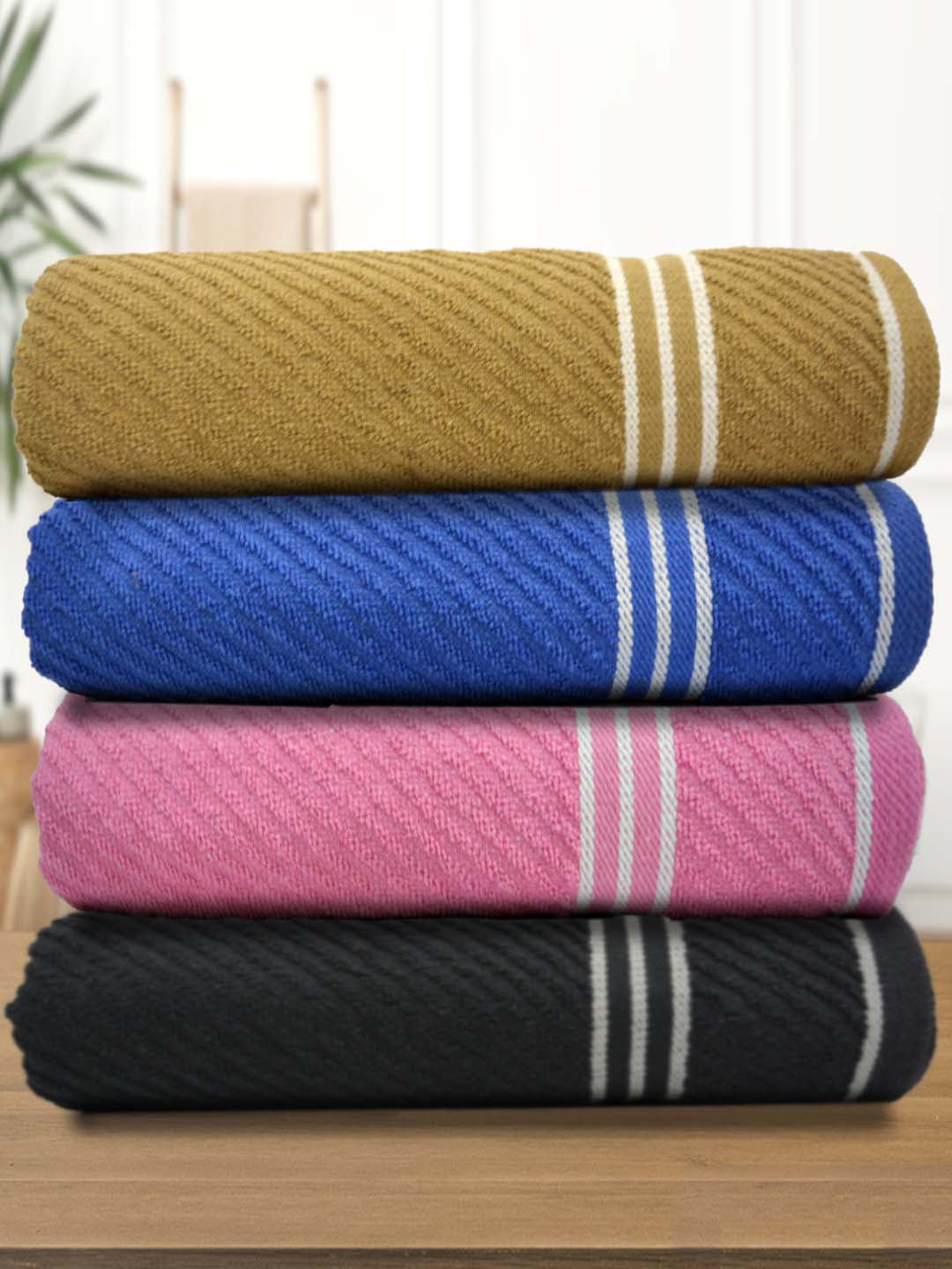 Athom Living Diagonal Stripe Terry Towel pack of 4, soft absorbent cotton towels in stylish multicolor design, perfect for bath, gym and daily use.