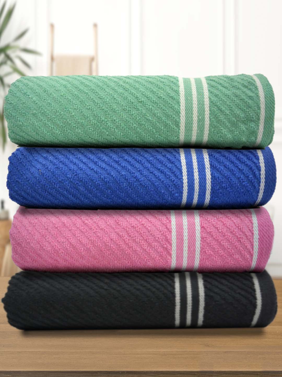 Athom Living Diagonal Stripe Terry Towels pack of 4, premium absorbent cotton towels with stylish stripe design, perfect for daily bath and kitchen use.