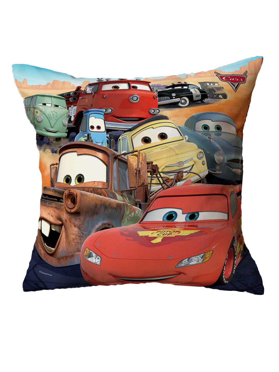 Athom Living Disney Cars "Let The Race Begin" Kids Filled Cushion with Cover, ideal for children’s naps, playtime comfort, and room decor, featuring vibrant prints of favorite characters.