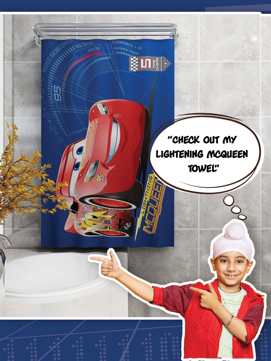 Athom Living Disney Cars McQueen Kids Cotton Bath Towel 350 GSM 60x120 cm designed with vibrant prints and soft fabric, ideal for everyday use and pairing with matching Comforter & Bath Towel kids room essentials.