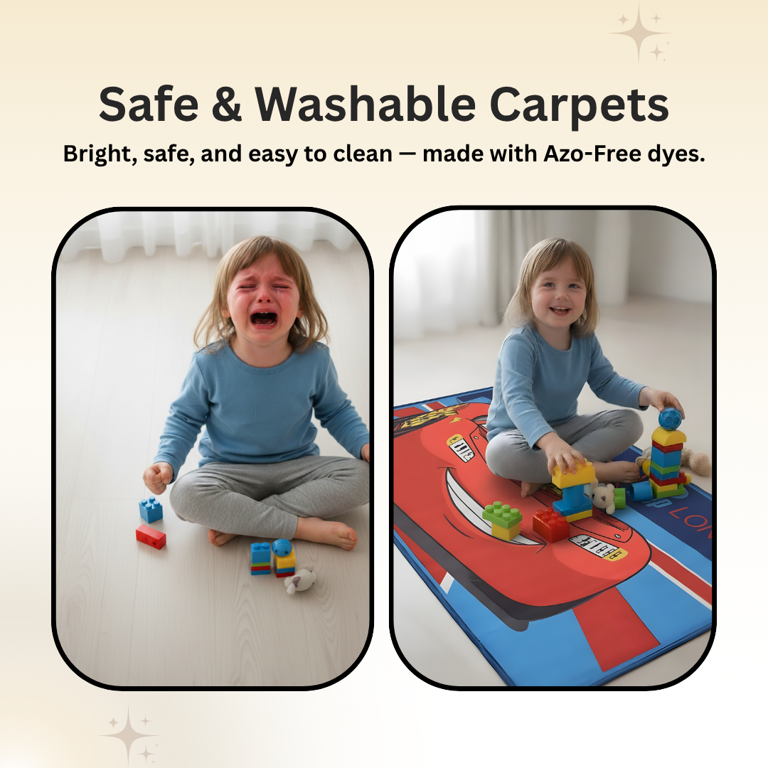 Athom Living Disney Cars carpet, 90x150cm, with Lightning McQueen and friends, designed for kids’ rooms, adding playful charm, vibrant colors, and a soft surface for safe play.