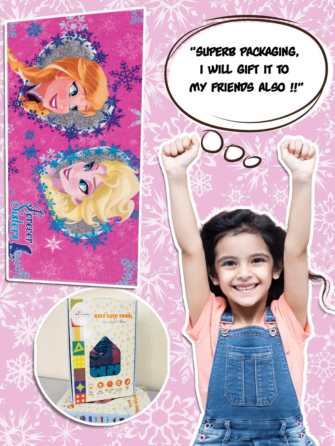 Athom Living Disney Forever Sisters Frozen Kids Cotton Bath Towel 350 GSM 60x120 cm featuring colourful graphics and soft cotton. A high-quality Bath Towel that keeps kids cozy after bath, beach, or pool use.