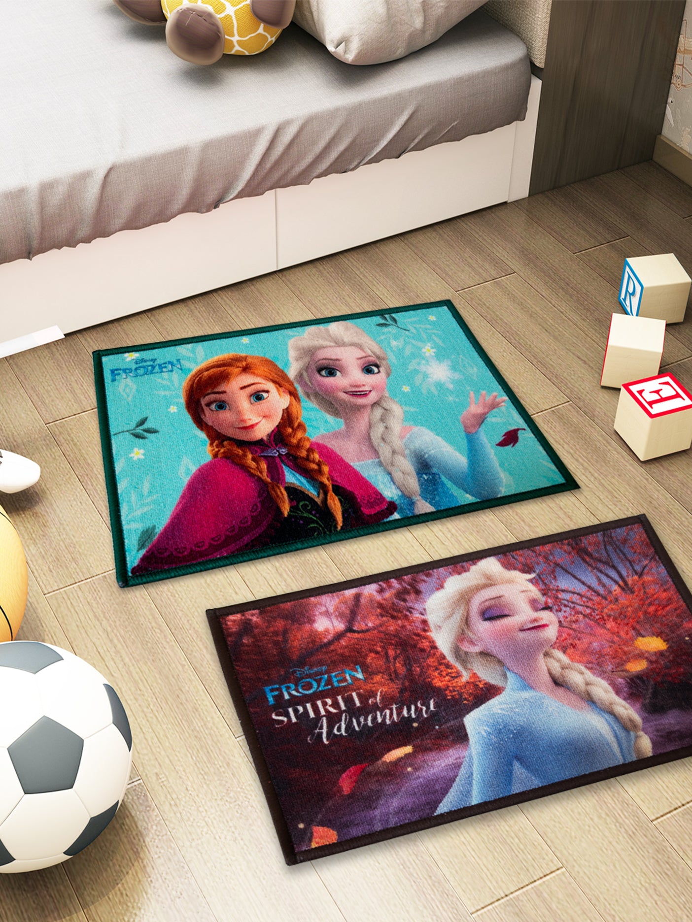 Athom Living Disney Frozen Anna & Elsa doormat set, premium nylon, latex backing, anti-skid, durable multicolor combo pack of 2 for kids’ rooms.
