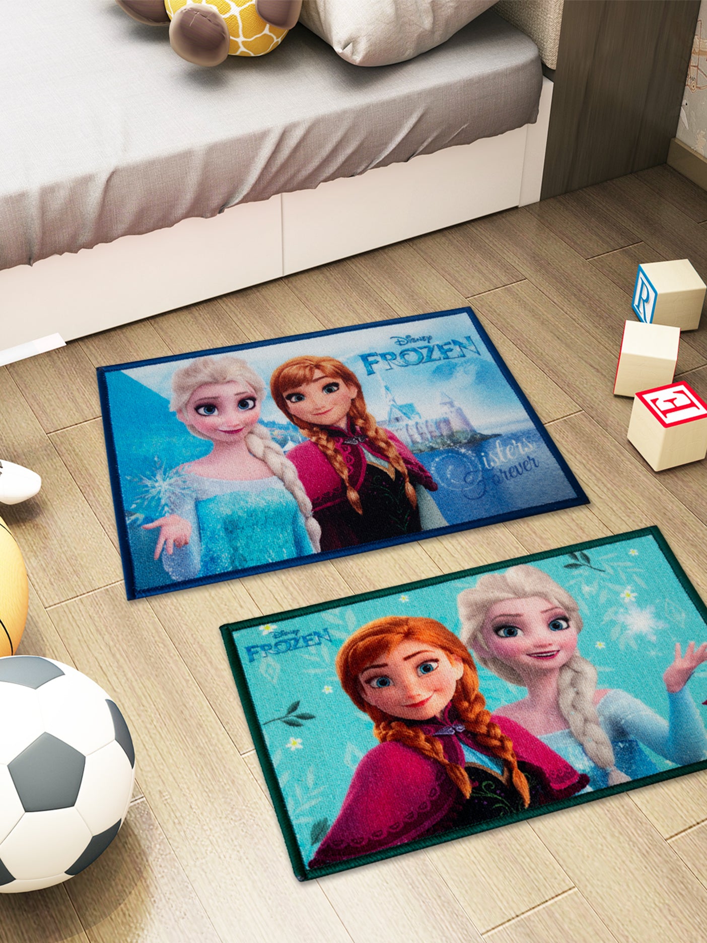 Athom Living Disney Frozen Anna & Elsa themed multicolor kids doormat set with latex backing, premium nylon, and anti-skid design, pack of 2, 37x57 cm.