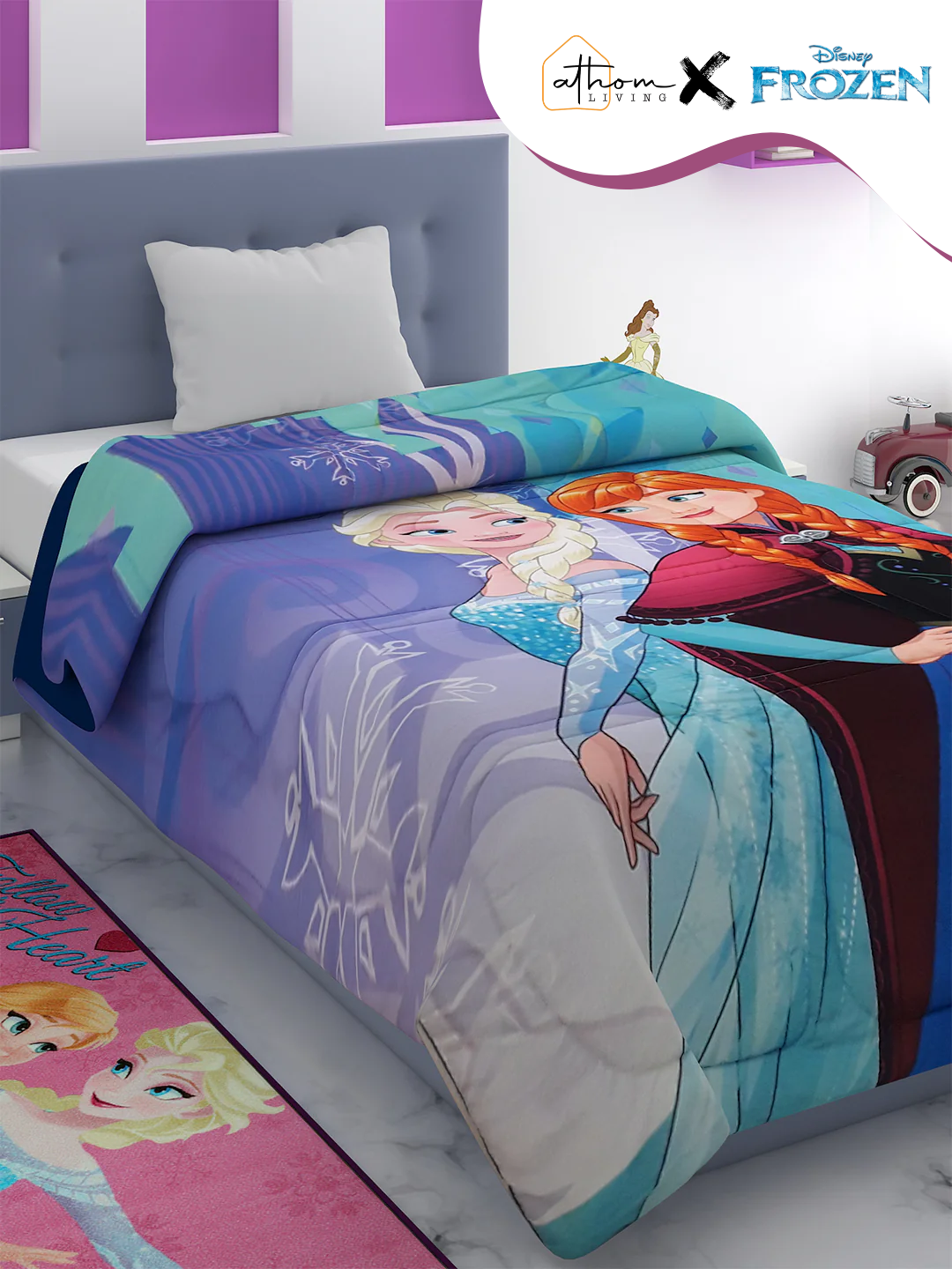 Athom Living Disney Frozen Elsa & Anna kids comforter, Single 135x220 cm, 360GSM poly-fill, bright high-res digital printing, soft, cozy, and perfect for kids’ bedrooms.