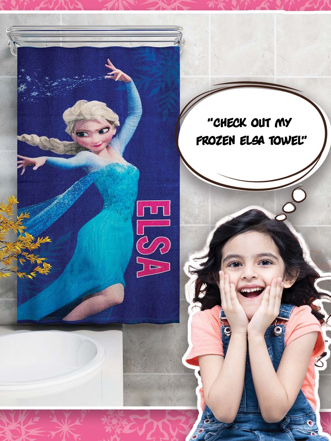 Athom Living Disney Frozen Elsa Blue Cotton Bath Towel for Kids – 350 GSM, 60x120 cm, soft, durable, quick-drying, and skin-friendly fabric.