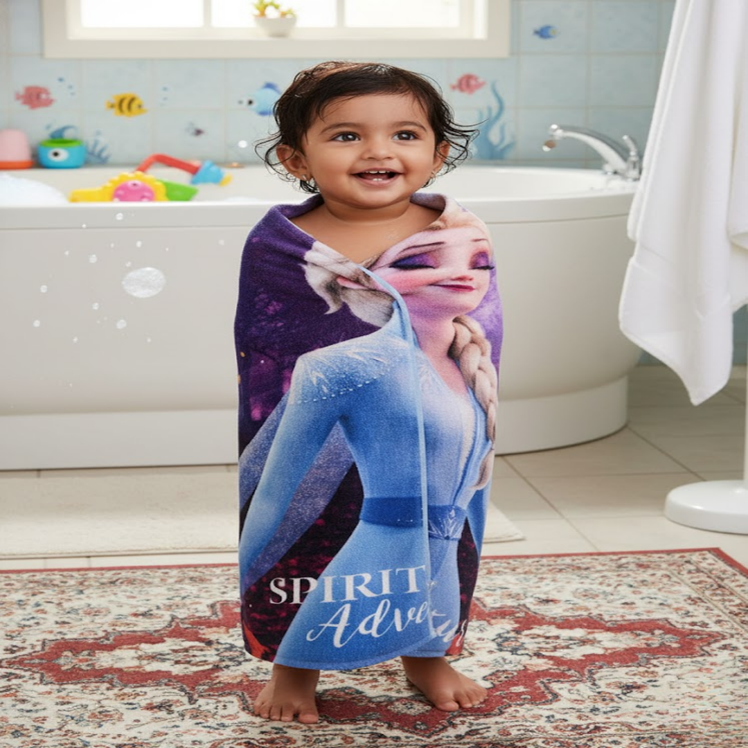 Athom Living Disney Frozen Elsa set featuring kids bath towel and kids runner carpet, designed for comfort, durability, and a fun Frozen-themed addition to your child’s bathroom.