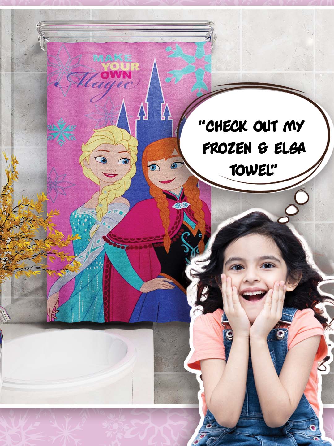 Athom Living Disney Frozen Kids Cotton Bath Towel 60x120 cm 350 GSM, soft, skin-friendly bath towel with magical Frozen designs for kids’ bathroom and easy drying.