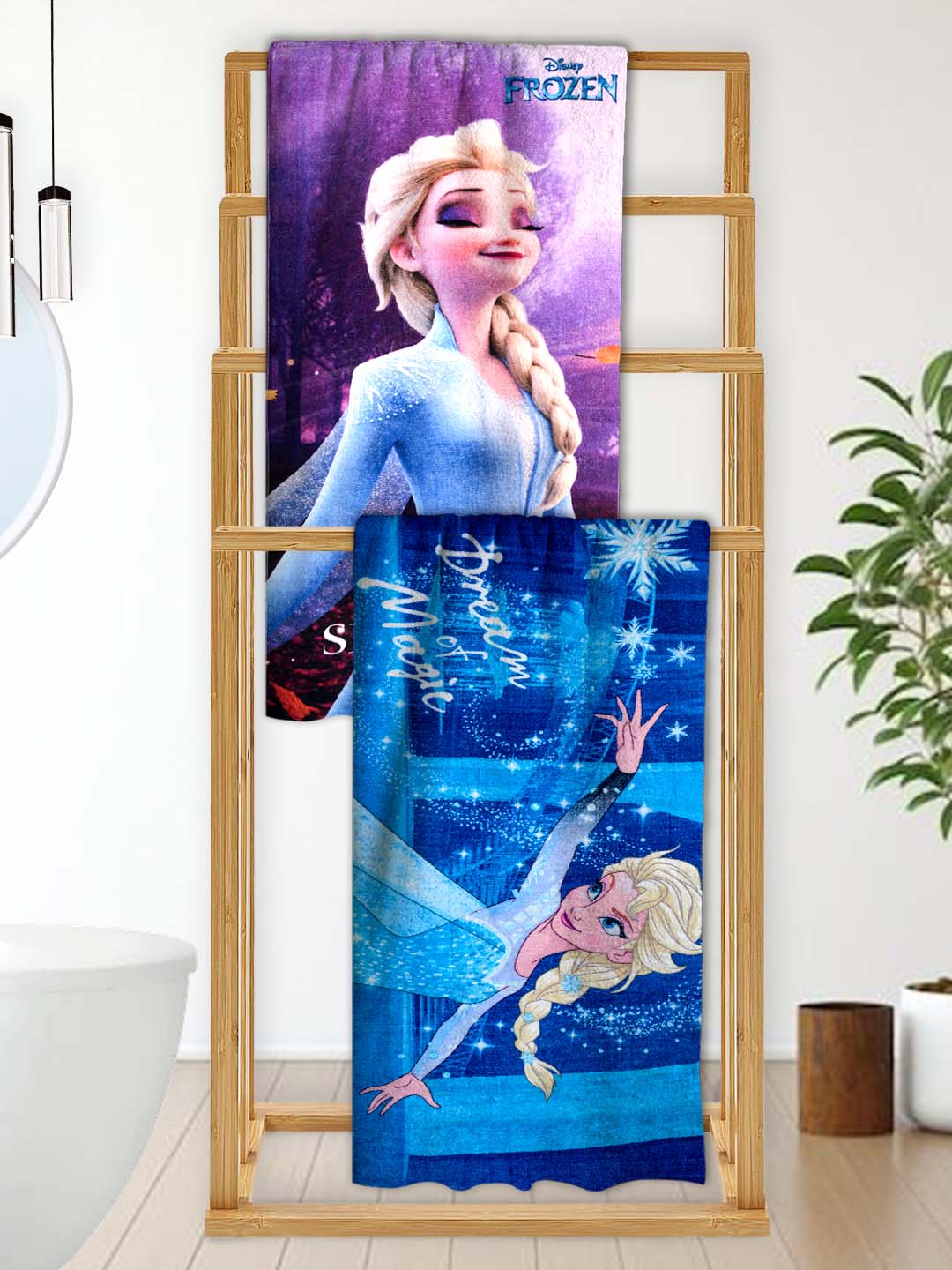 Athom Living Disney Frozen Sister's themed bath towel set for kids, 60x120cm, 350 GSM, soft, absorbent, multicolor, perfect for boys and girls, fun vibrant design, pack of 2.