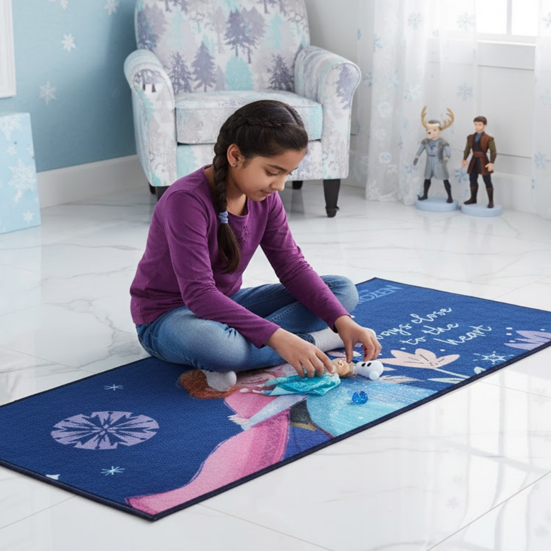 Athom Living Disney Frozen Sisters themed runner carpet combines cozy softness, durable anti-skid backing, and charming Frozen character graphics, creating a magical and safe runner carpet for kids.