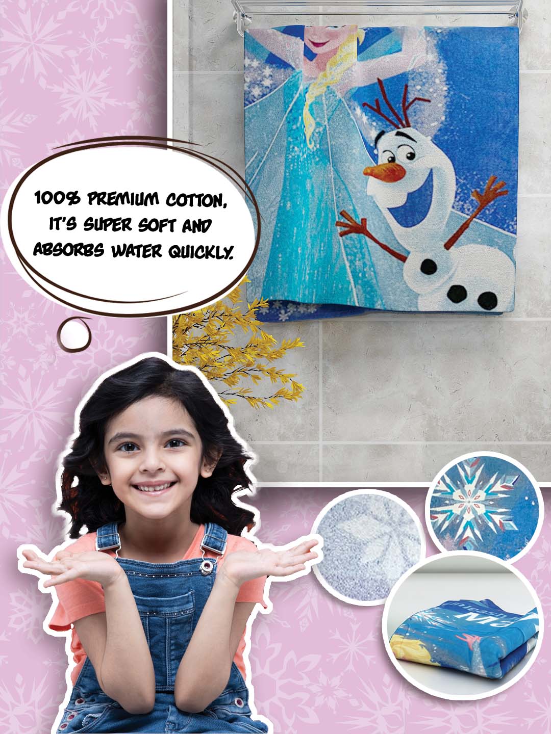 Athom Living Disney Frozen Unleash The Magic Kids Cotton Bath Towel 350 GSM 60x120 cm offering softness and durability, ideal for gifting and matching perfectly with character-inspired Comforter & Bath Towel collections.