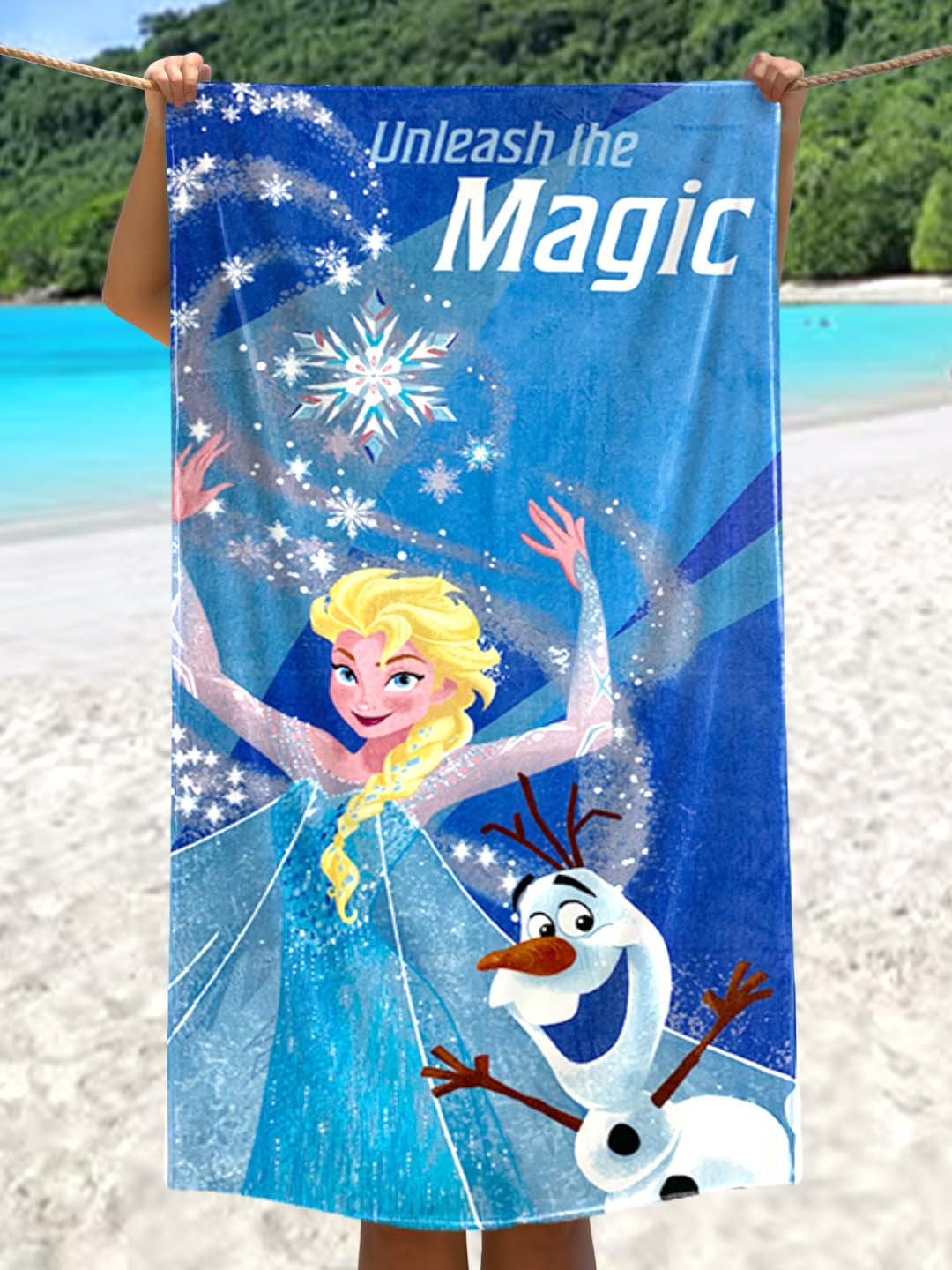 Athom Living Disney Frozen bath towel for kids, 350 GSM pure cotton, absorbent, durable, and perfect size 60x120 cm for bath time.