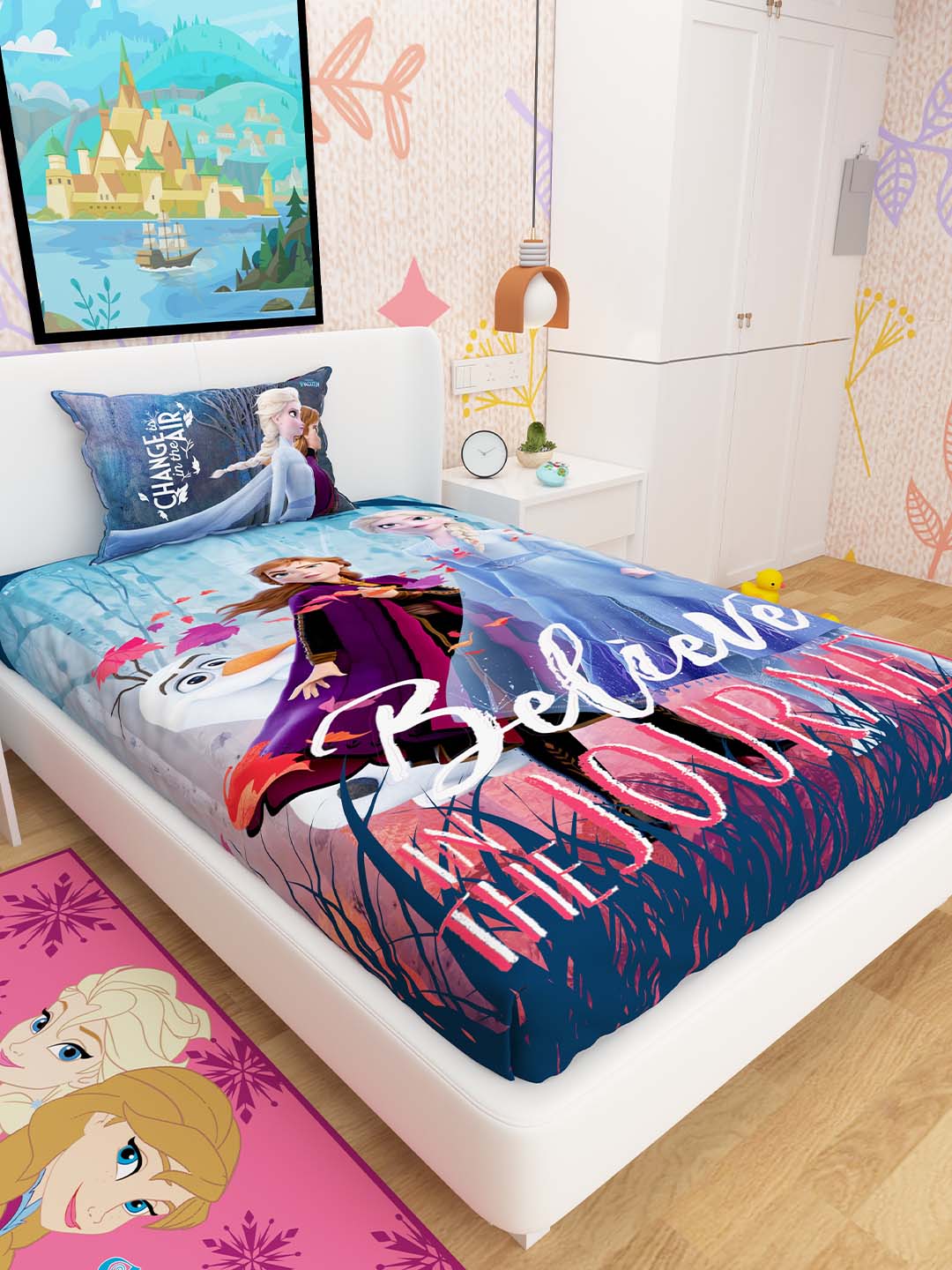 Athom Living Disney Frozen kids single bedsheet with 1 pillow cover, soft cotton material, multicoloured prints, ideal for children’s rooms, gifting, and comfortable bedtime.