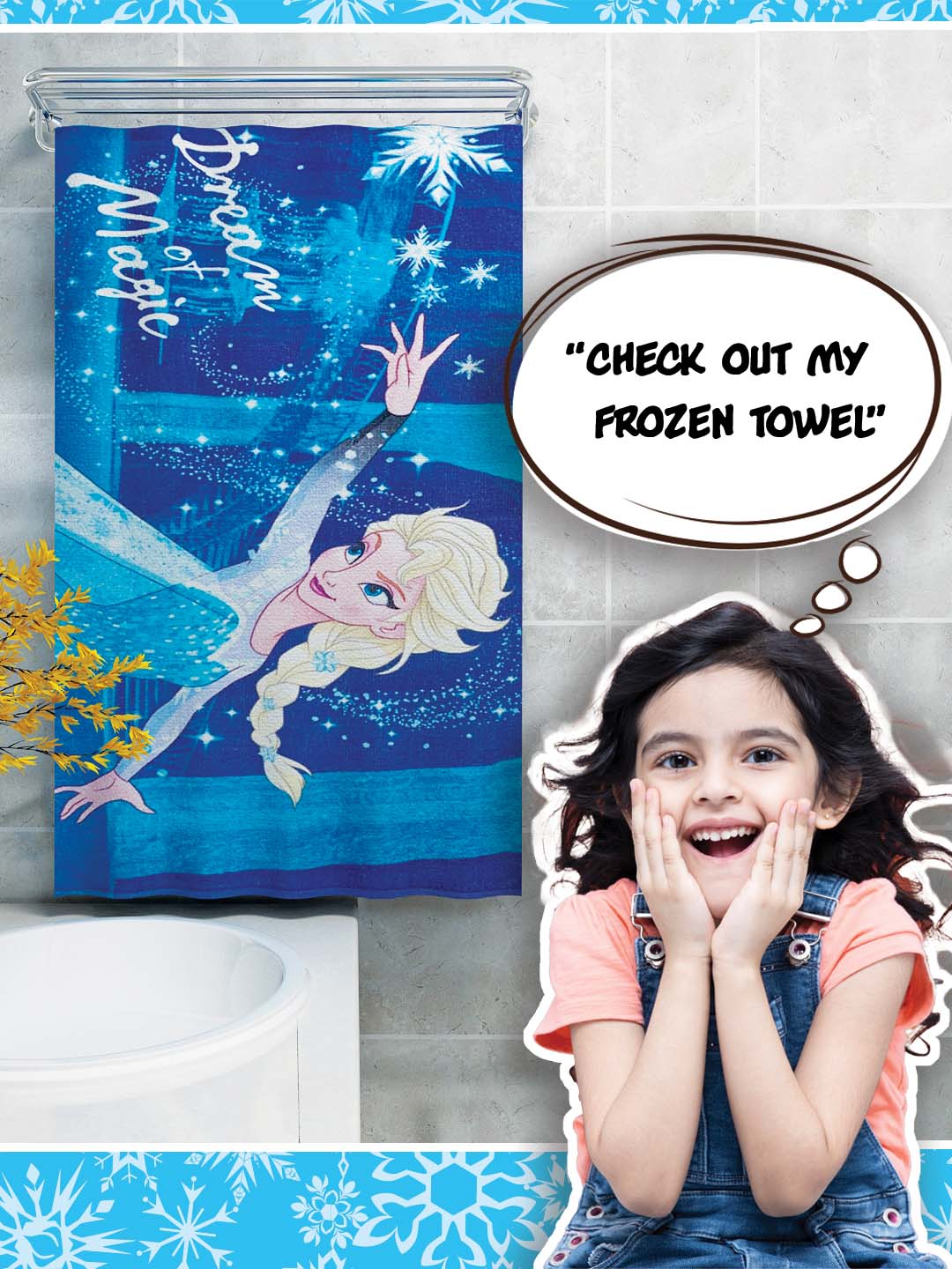 Athom Living Disney Frozen kids towel – premium 350 GSM cotton bath towel 60x120 cm with magical Elsa print, soft and durable.