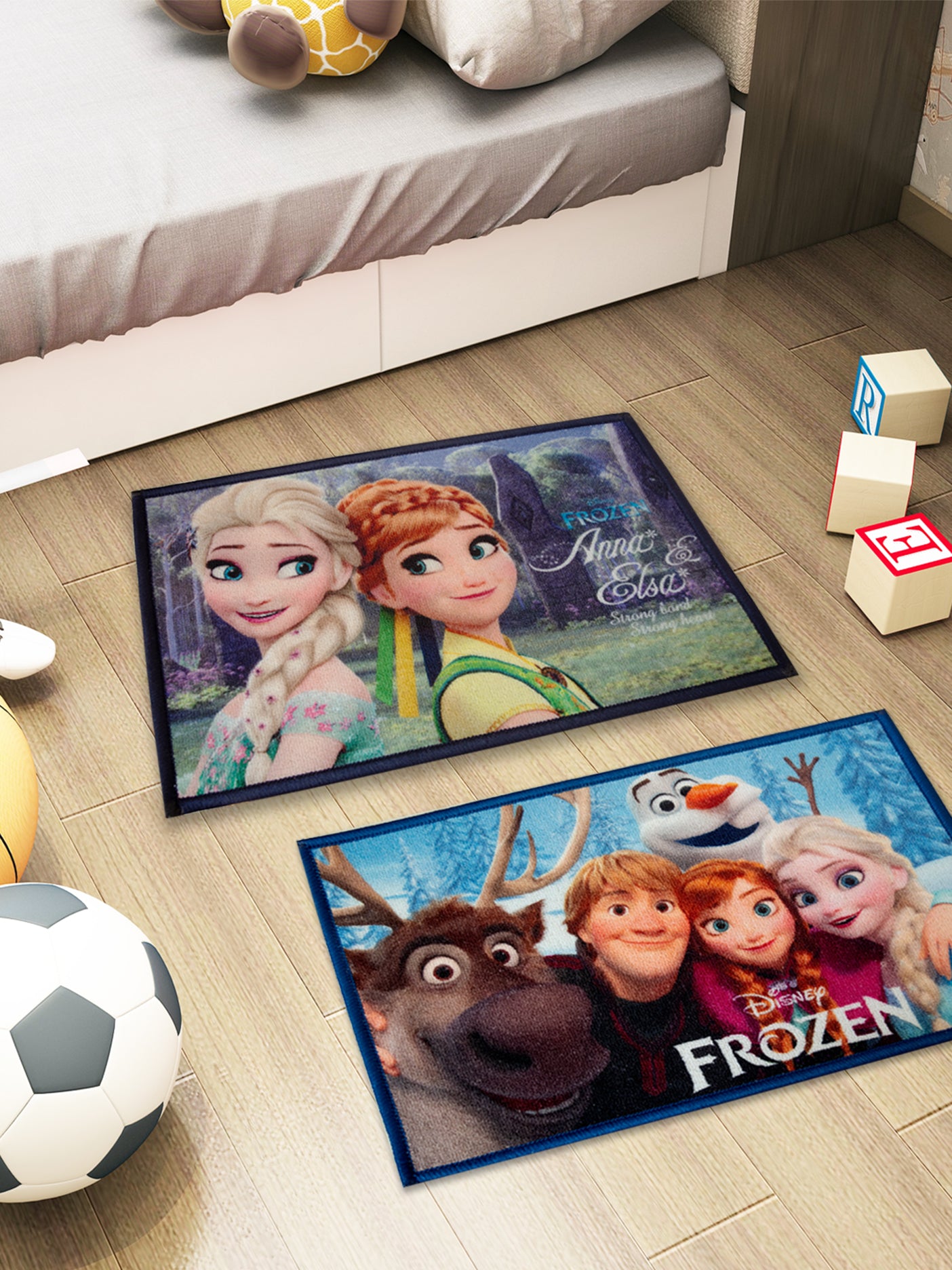 Athom Living Disney Frozen themed kids doormat set of 2 with Anna & Elsa digital print, premium nylon, latex backing, and anti-skid design.