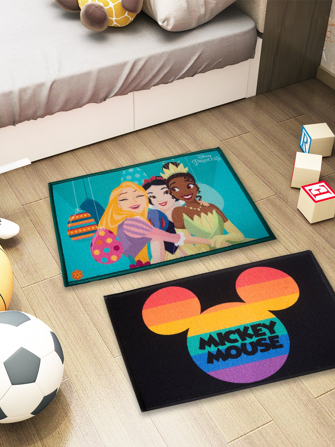 Athom Living Disney Mickey Mouse and Disney Princess themed kids premium nylon doormat, multicolor design, latex backing, anti-skid, pack of 2, 37x57 cm.