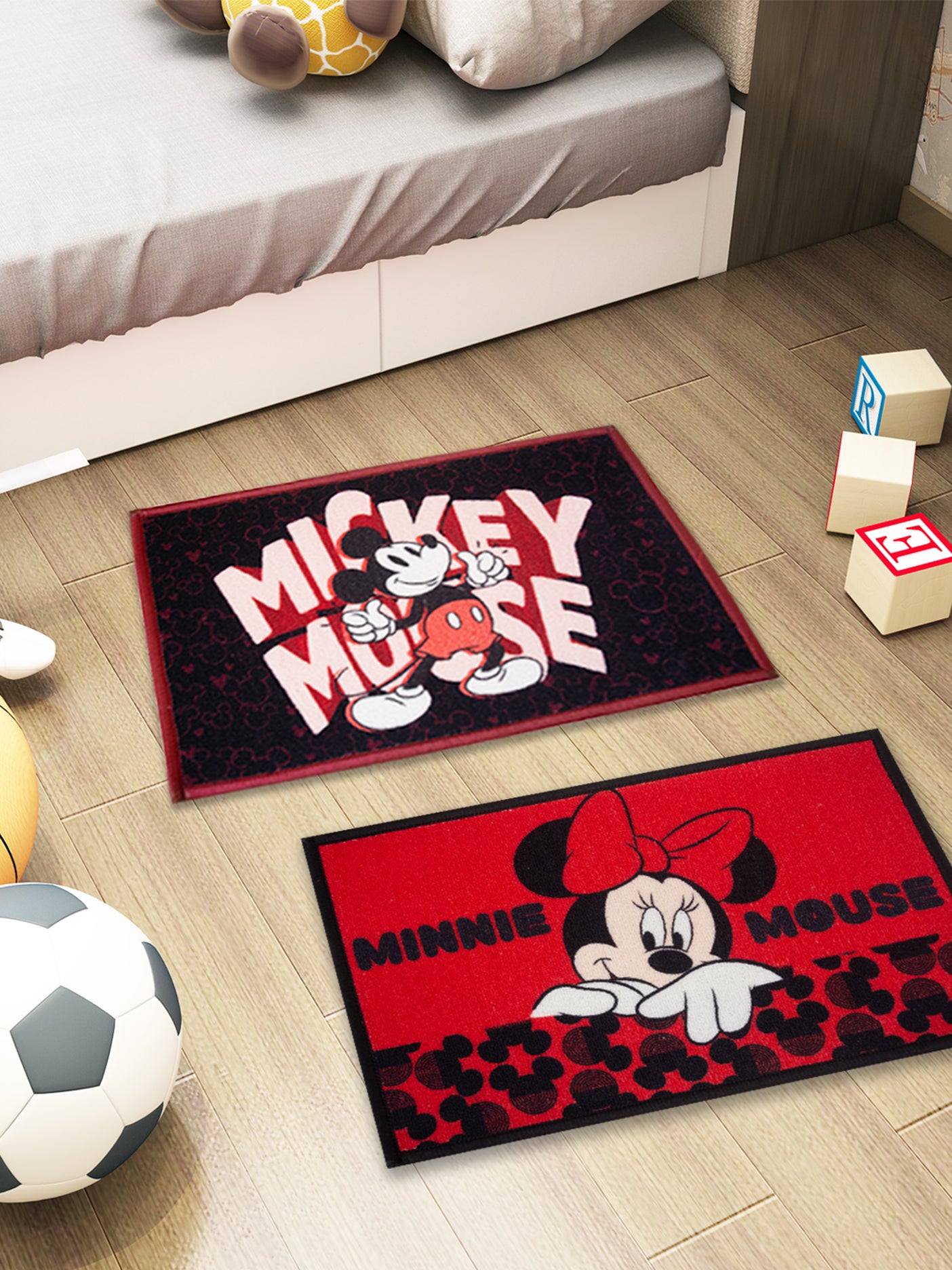 Athom Living Disney Mickey Mouse and Minnie Mouse combo doormat pack of 2 with latex backing, red, black, multicolor, 37x57 cm, anti skid nylon.