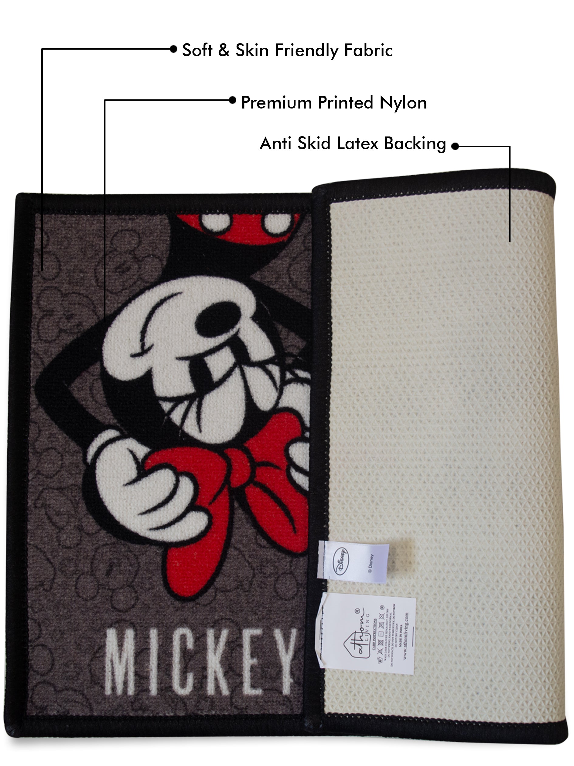 Athom Living Disney Mickey Mouse kids doormat combo, red & black Minnie Mouse, premium nylon, latex anti-skid backing, pack of 2, 37x57 cm size.