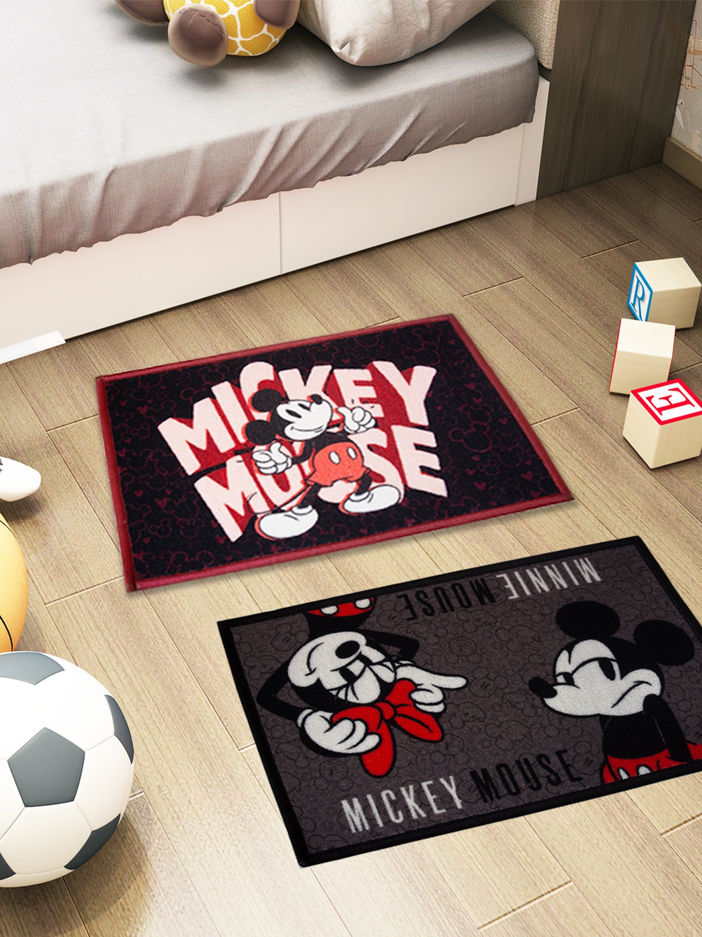 Athom Living Disney Mickey Mouse kids multicolor premium nylon doormat with anti-skid latex backing, pack of 2 combo doormats 37x57 cm.