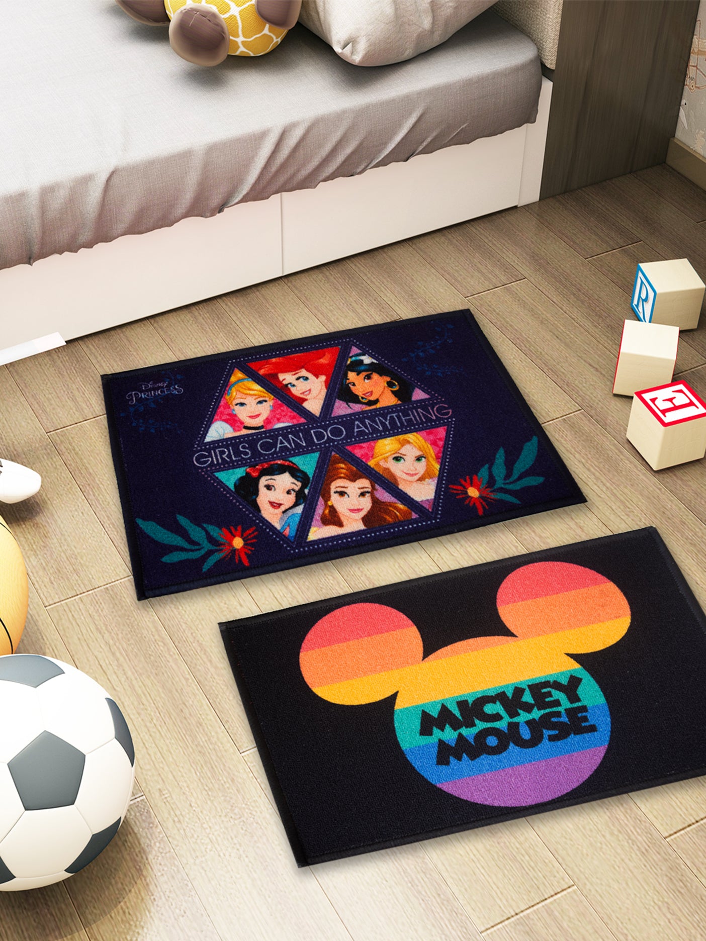 Athom Living Disney Mickey Mouse printed multicolor kids nylon doormat with latex backing and anti-skid design, pack of 2, 37x57 cm.