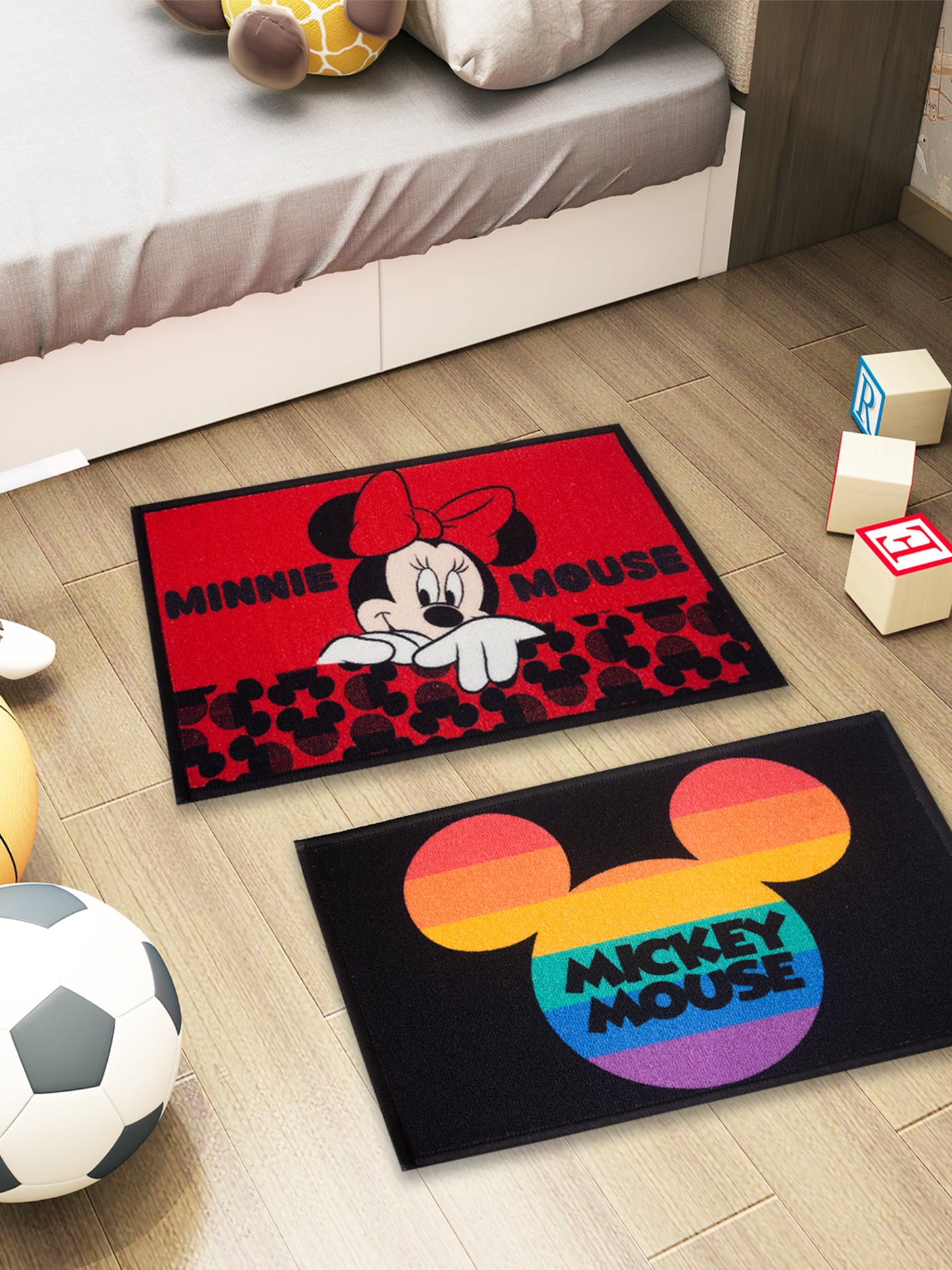 Athom Living Disney Minnie Mouse red black doormat with Mickey Mouse multicolor print, premium nylon, anti-skid latex backing, pack of 2, 37x57 cm.