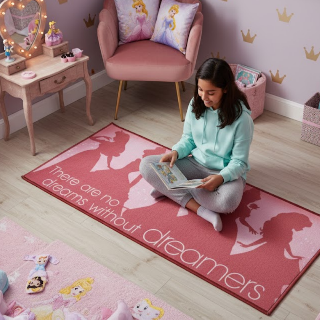 Athom Living Disney Princess (Dreams) themed runner carpet combines plush comfort, premium fabric and charming character prints, creating a safe and playful runner carpet for bedrooms and play areas.