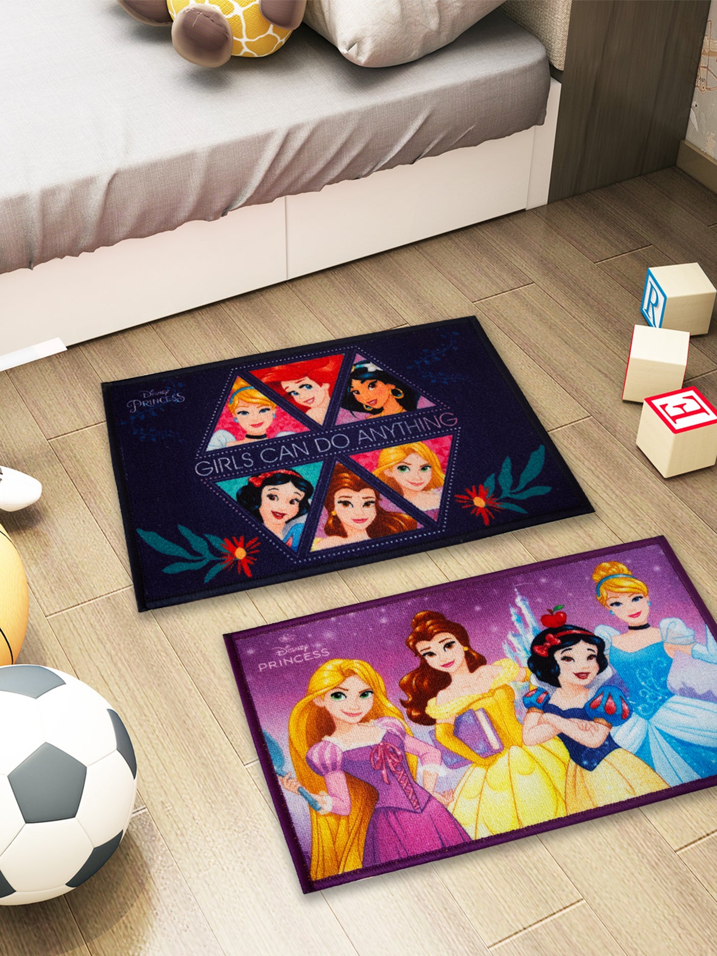 Athom Living Disney Princess themed multicolor kids doormat, premium nylon fabric, anti-skid latex backing, durable and stylish set of 2 mats for girls.