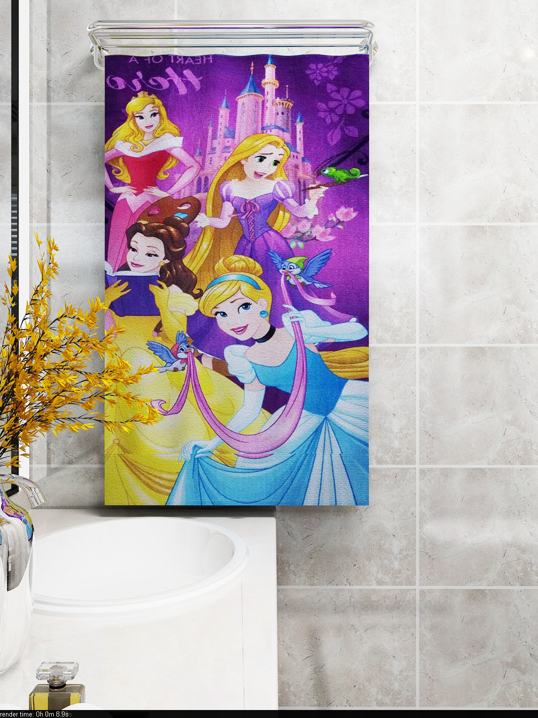 Athom Living Disney Purple Princess Bath Towel for kids, 100% cotton, 350 GSM, 60x120 cm, soft, quick dry, and skin-friendly.