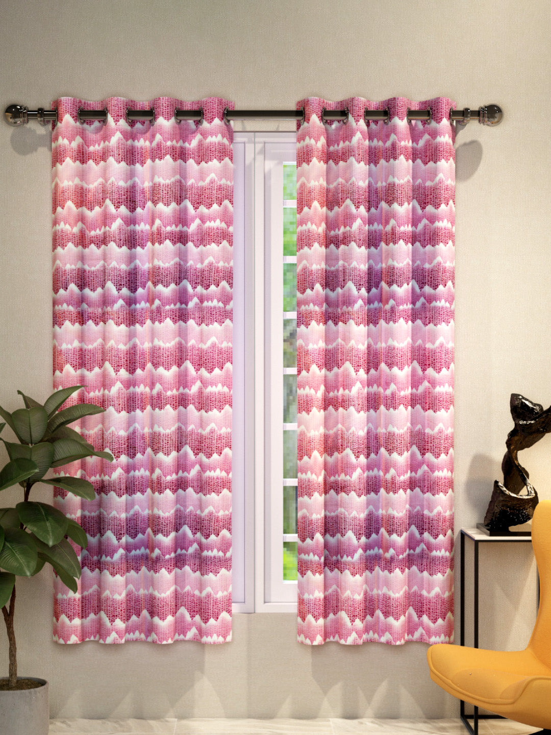 Athom Living Dream Collection pink hill pattern window drapes set of 2, colorful design enhancing home décor with style, elegance, and privacy.