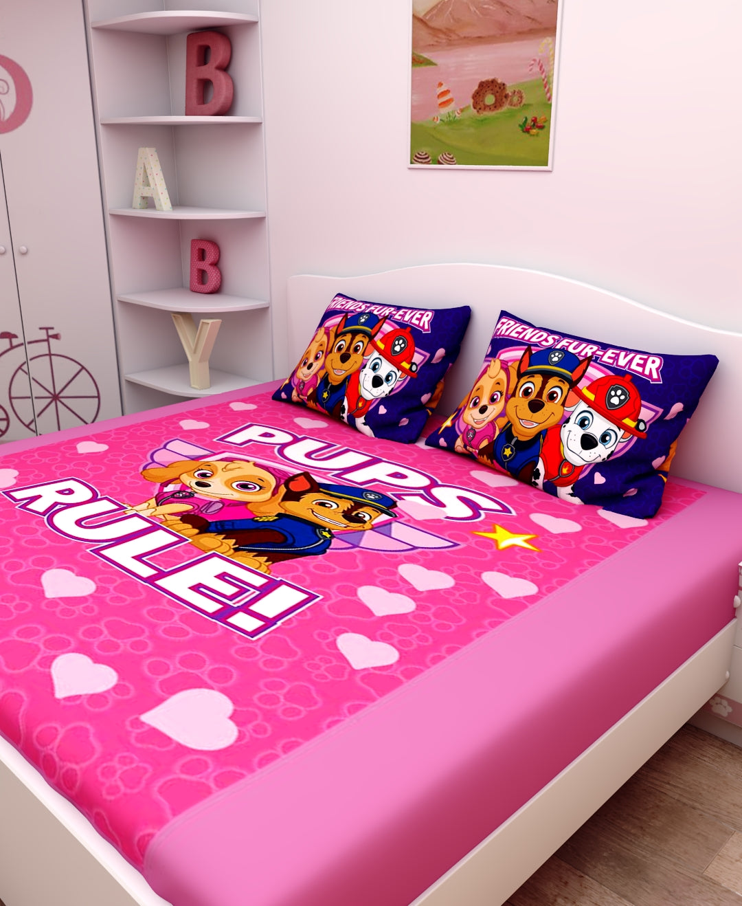 Athom Living Friends Forever Paw Patrol cotton kids double bedsheet with 2 pillow cover showcasing bold character prints, smooth texture and a cheerful design ideal for transforming any child’s sleeping space.
