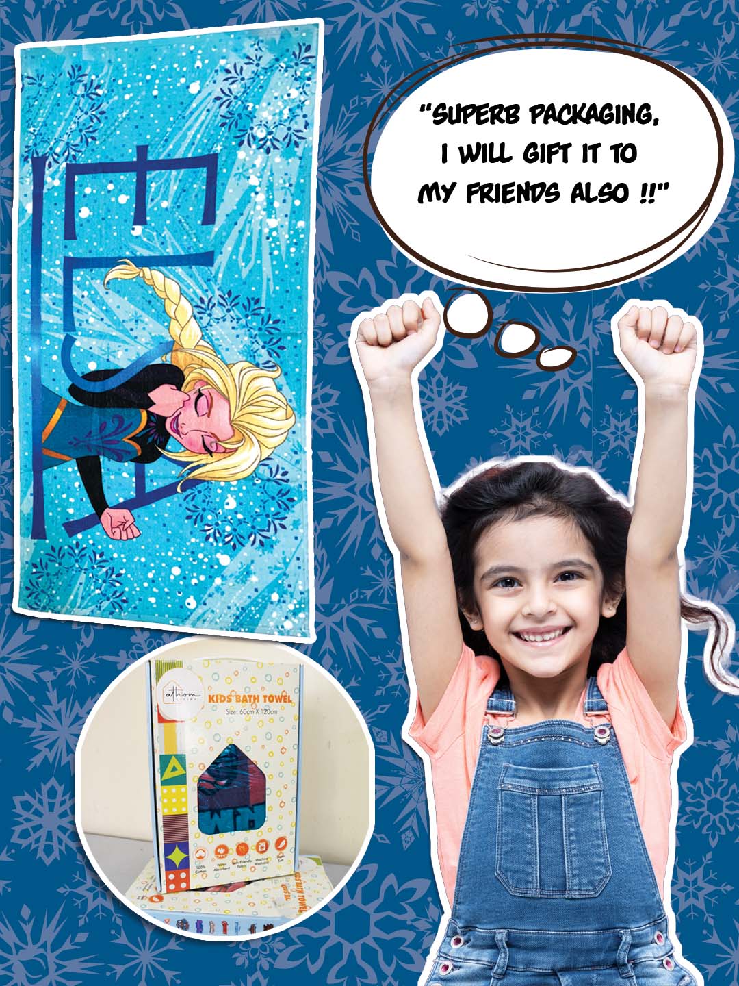 Athom Living Frozen Elsa Kids Bath Towel – 60x120 cm, 350 GSM cotton, lightweight, soft, durable and perfect for everyday use.