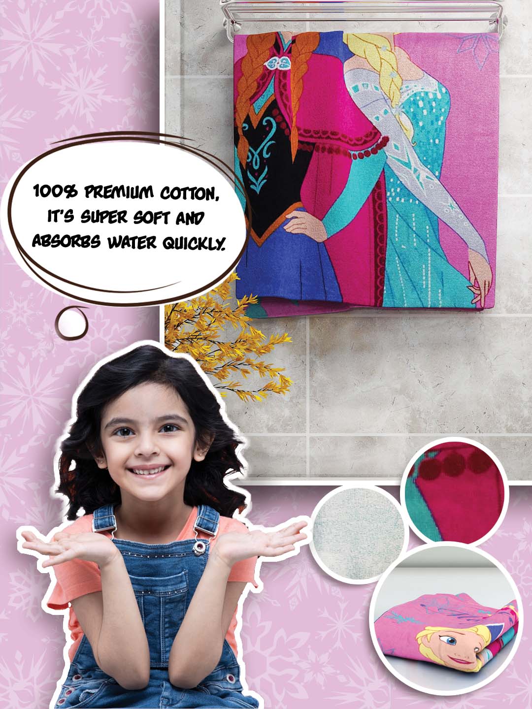 Athom Living Frozen kids towel – Disney character cotton bath towel, soft, absorbent, 60x120 cm, 350 GSM, gentle on delicate skin.