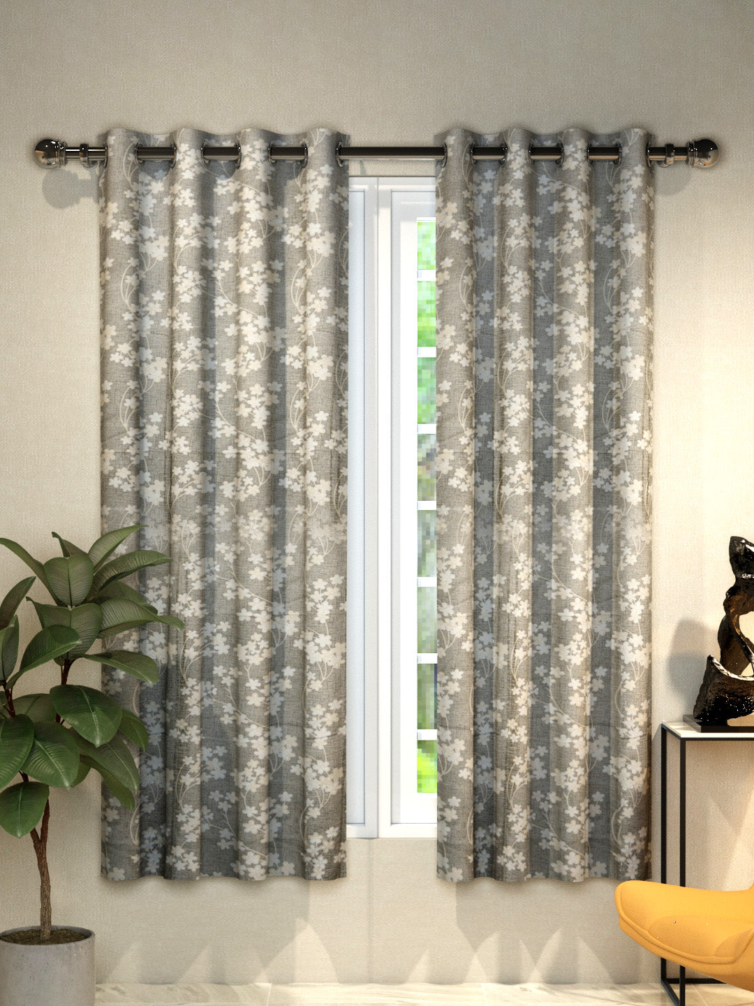 Athom Living Grey Little Flowers Drapes from Dream Collection, elegant window curtains set of 2, perfect for privacy and vibrant home décor styling.