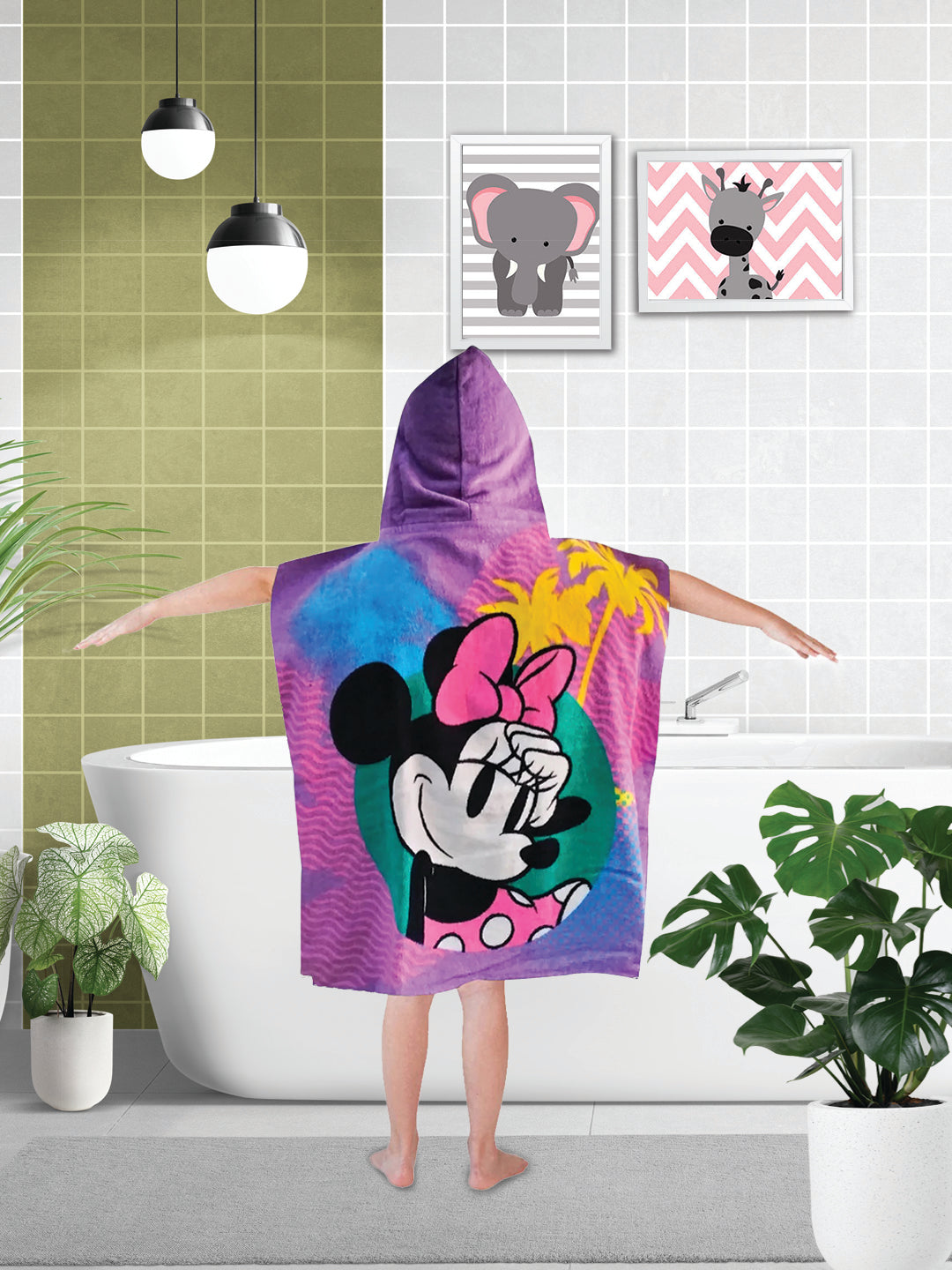 Athom Living I Love Minnie kids cotton hooded bath towel poncho, super soft, absorbent, comfortable, ideal for bath time, swimming, or beach fun.