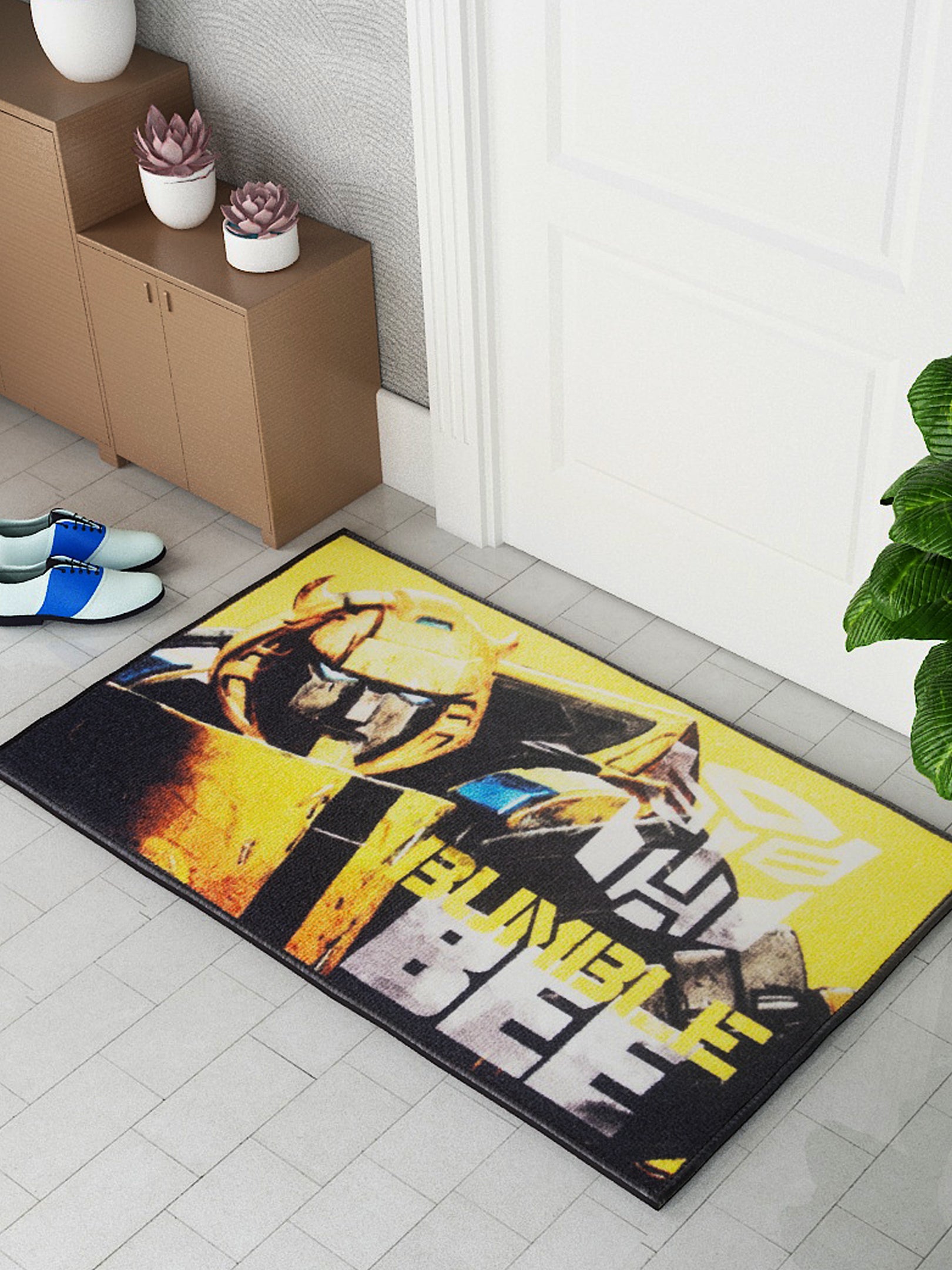 Athom Living Kids Door Mat featuring Transformer "Bumble Bee" design – Medium 37x57 cm, Made from Premium Printed Nylon with Anti-Skid Latex Backing – Ideal Kids Bath Mat for Style & Safety.