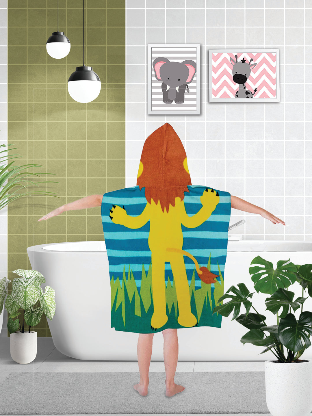 Athom Living Lion in Jungle kids hooded bath towel poncho 60x120 cm, lightweight, quick dry, soft and cozy bath essential for kids bathroom and travel.