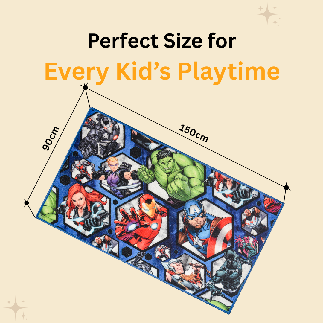 Athom Living Marvel Avengers & Hulk carpet, measuring 90x150cm, with bright, engaging superhero prints that make a fun, imaginative, and comfortable play area for kids.