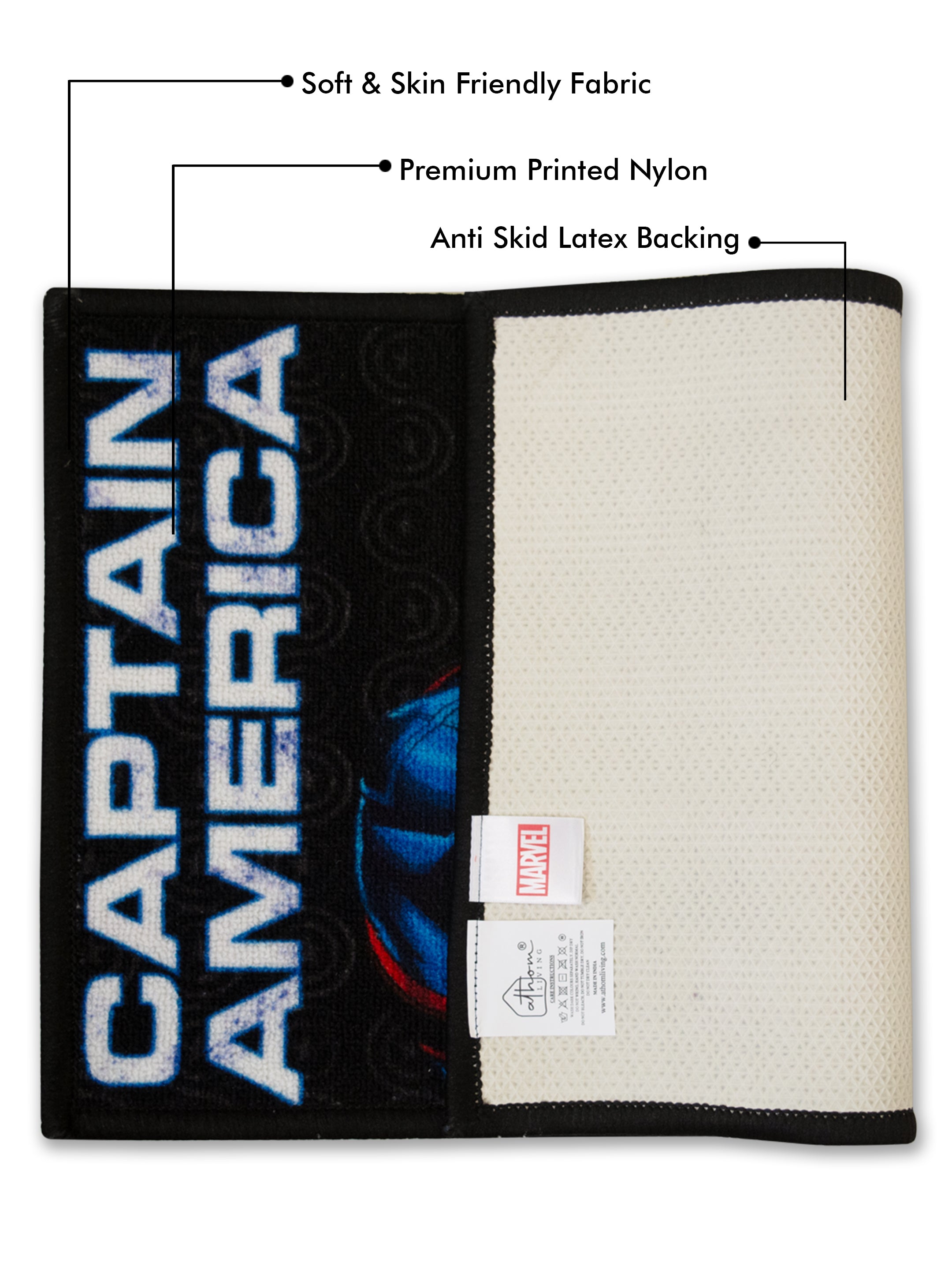 Athom Living Marvel Captain America kids doormat, gold and black design, latex anti-skid backing, 37x57cm, pack of 2 for home decor.