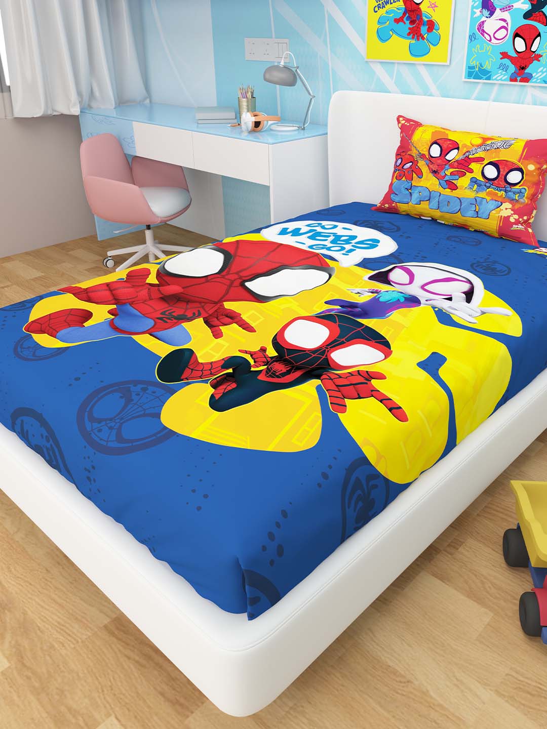Athom Living Marvel Go Webs Go Spiderman kids cotton single bedsheet with pillow cover, offering high-quality cotton fabric, vibrant prints, and perfect fit for single beds.