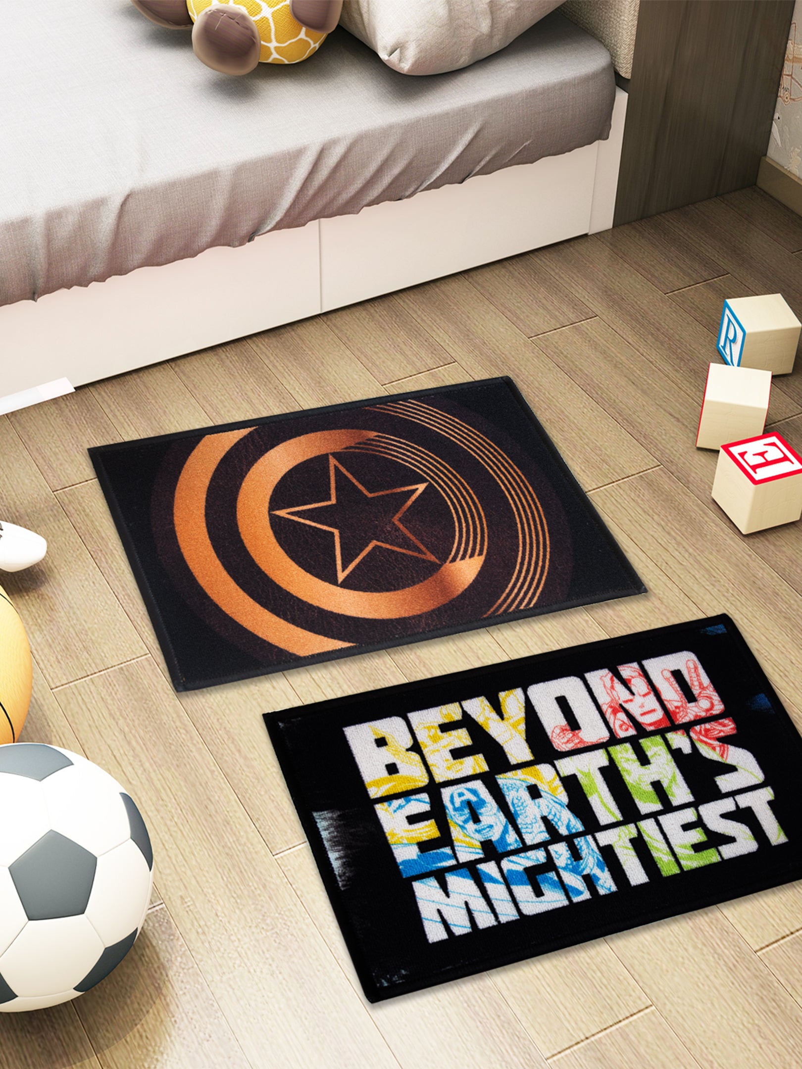Athom Living Marvel Golden Star kids doormat, black and gold design, anti-skid latex backing, pack of 2, durable nylon, 37x57cm.