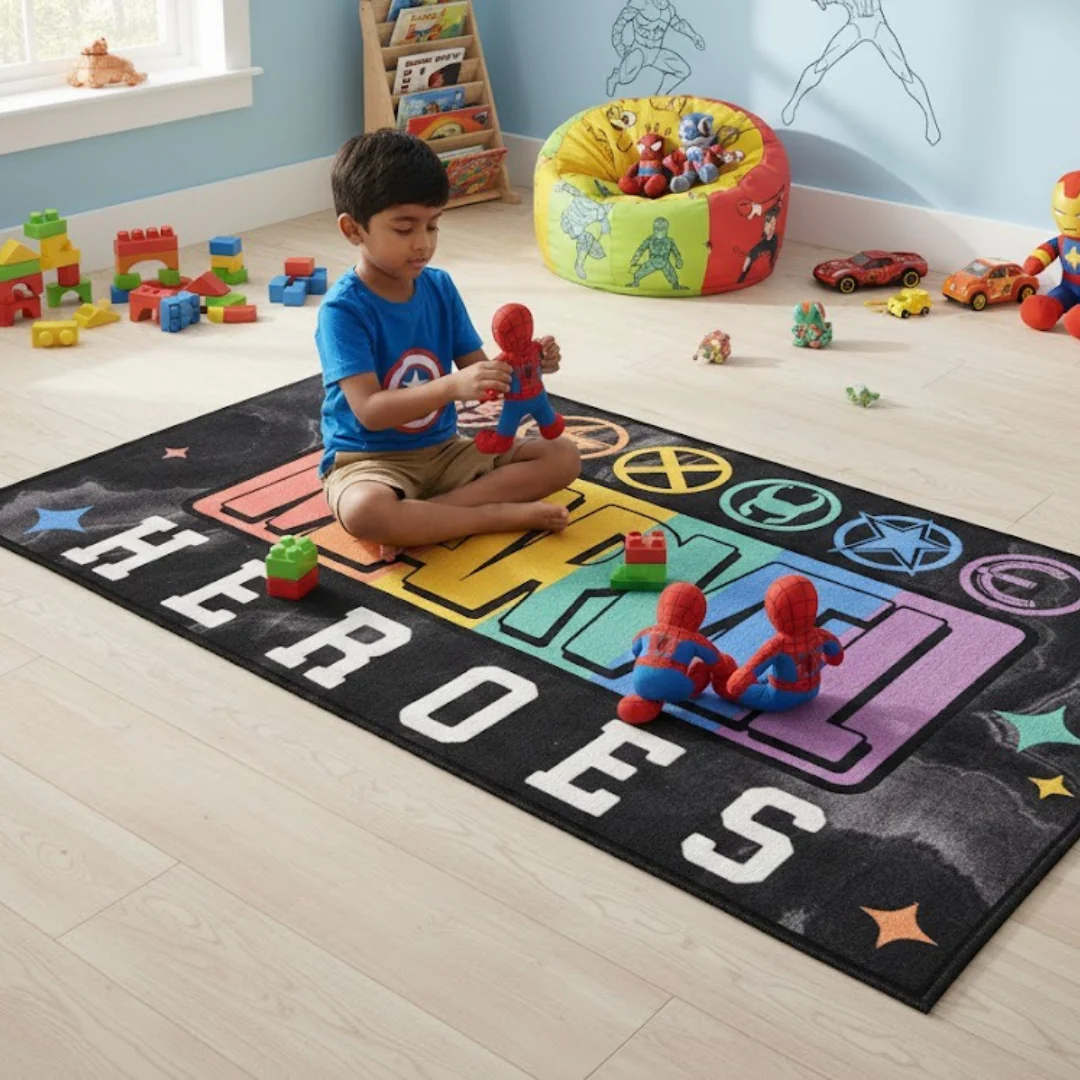 Athom Living Marvel Heroes anti skid carpet & doormat combo designed for kids bedrooms and play areas, offering slip resistance, durable fabric, colorful superhero graphics, and child-safe everyday use.