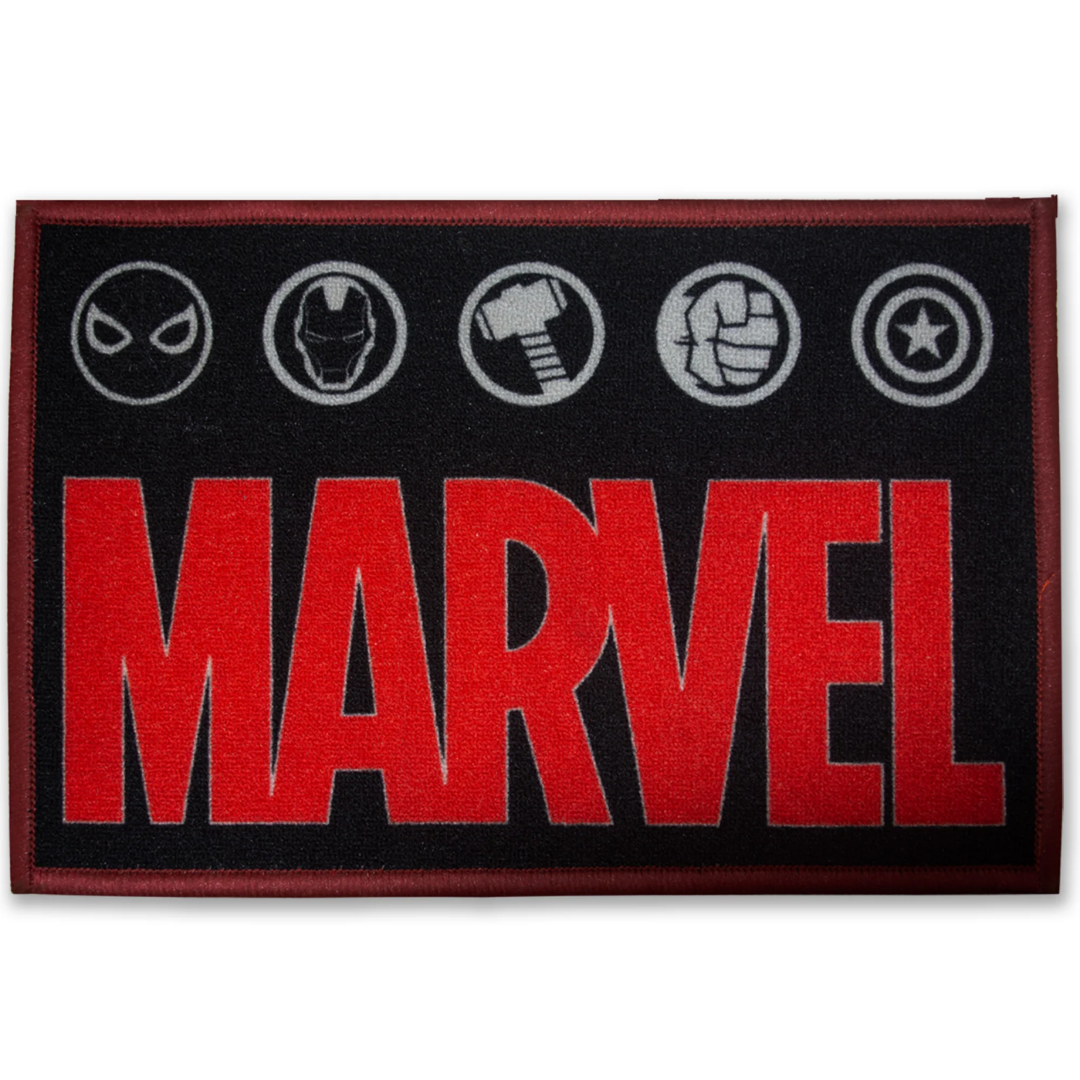 Athom Living Marvel Red Legendary Weapons Anti-Skid Kids Doormat showcasing iconic Marvel weapons, bright red tones, soft yet durable fabric, and non-slip base ideal for kids’ bedrooms and play areas.